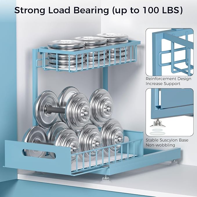 L-Shaped Under Sink Organizer, 2-Tier Pull-out Cabinet Rack 1-Pack | Teal Height-Adjustable Steel Rack, Sliding Grid Drawers with PP Liners, Holds 100 Lbs, Suction Base, Ideal Kitchen Storage