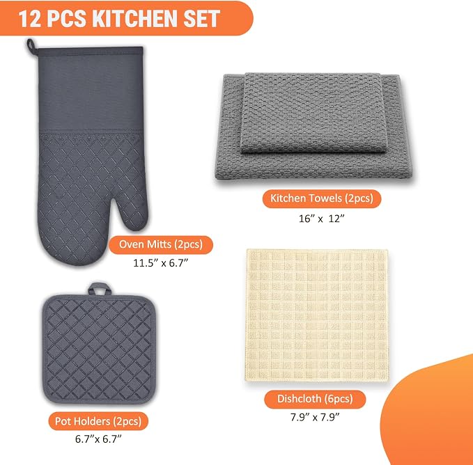 Oven Mitts Pot Holders Kitchen Towels Waffle Weave Dishcloths Sets 12Pcs | Silver Wire Dishcloths, Oven Gloves Pot Pads 500°F Heat Resistant w/Non-Slip Silicone Surface for Cooking Baking Grilling