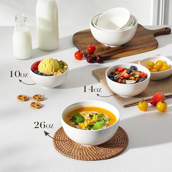 MALACASA 26 Oz White Ceramic Soup Bowls of 4, Cereal Bowls for Kitchen | Perfect for soup, cereal, dinner, noodles,ramen or fruit; scratch-resistant, stackable, microwave, oven & dishwasher safe