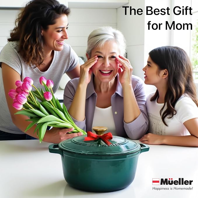 MUELLER HOME 4.5 QT Enameled Cast Iron Dutch Oven, Heavy-Duty Casserole Dish and Braiser Pan with Lid, Oven-Safe up to 500° F & Across All Cooktops, Housewarming Gifts New Home, Emerald | Casserole Dish and Braiser Pan with Lid, Oven-Safe up to 500° F,...