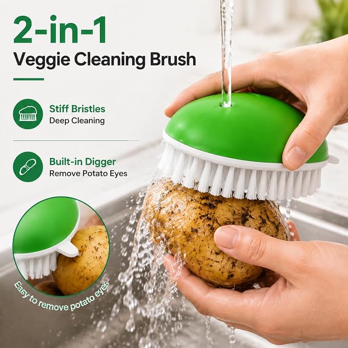 Fruit and Vegetable Cleaning Brush, Vented Box, Stiff Bristles, Green
