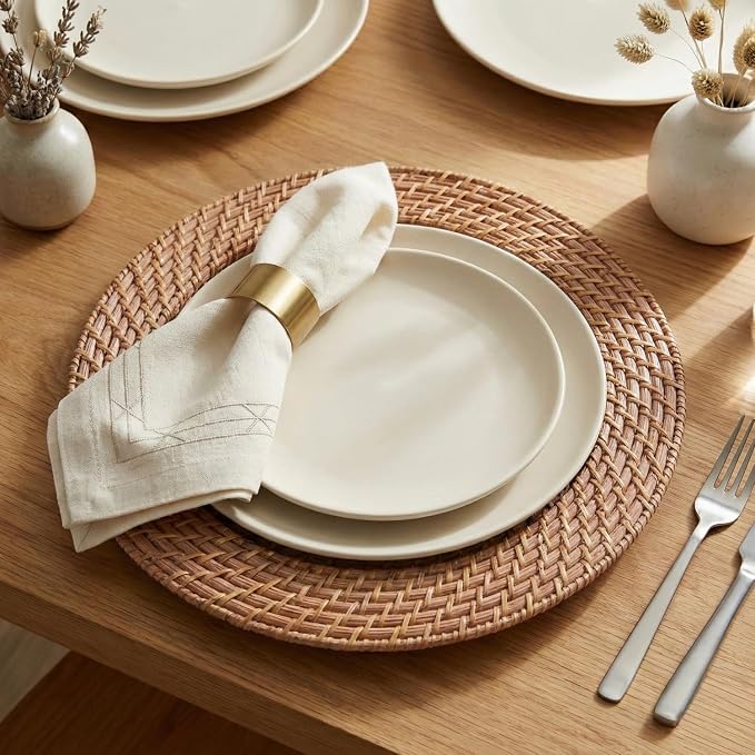 Ch, Charge it by Jay Harvest Round Rattan Charger Plate - Set of 4, brown | Handwoven Natural Rattan With Warm Finish, 13x13in Round Fit For Dinner Plates, Durable Charger Set For Weddings & Banquets