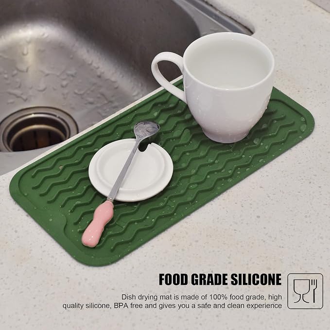 Silicone Dish Drying Mat, Non-Slip Easy Clean Sink Mat, Dark Green ,12"x6" | Quick-Dry Ridges, Large Heat-resistant Dish Drainer Mat for Kitchen Counter, Hangable & Roll-Up for Storage, Dishwasher Safe