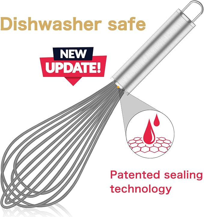 OYV Grey Silicone Whisk Set of 3, 8/10/12 Inch, Non-Scratch | BPA-Free Silicone, Heat Resistant Up to 480°F, Stainless Steel Core, Dishwasher Safe, Nonstick-Safe