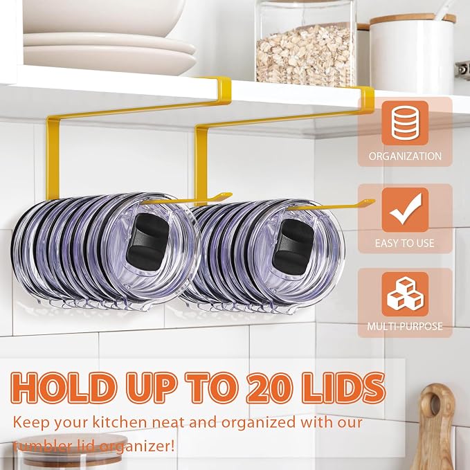 2 Pack Tumbler Lid Organizer, Versatile Tumbler Storage Holds 20 Lids Gold | Space Saving Cup Lid Organizers Inside Cabinet Tumbler Lid Hook for Kitchen Organizer and Storage, Paper Towel Rack Hanger