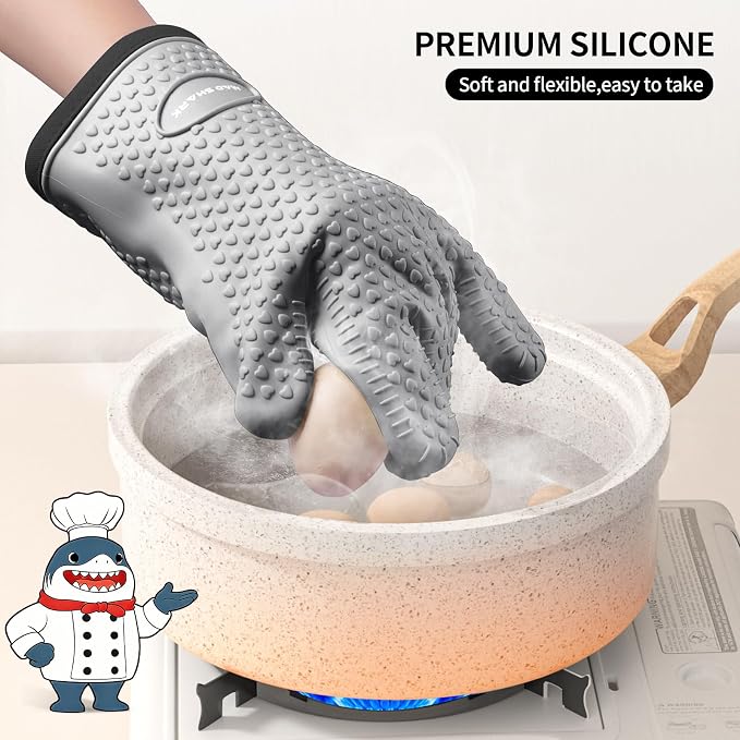 MAD SHARK Silicone Oven Mitts with Fingers Heat Resistant 450°F in Kitchen | Waterproof & Non-Slip Oven Gloves,Cotton Lined Silicone Kitchen Mitts for Baking Cooking Barbecue,Women (Grey)