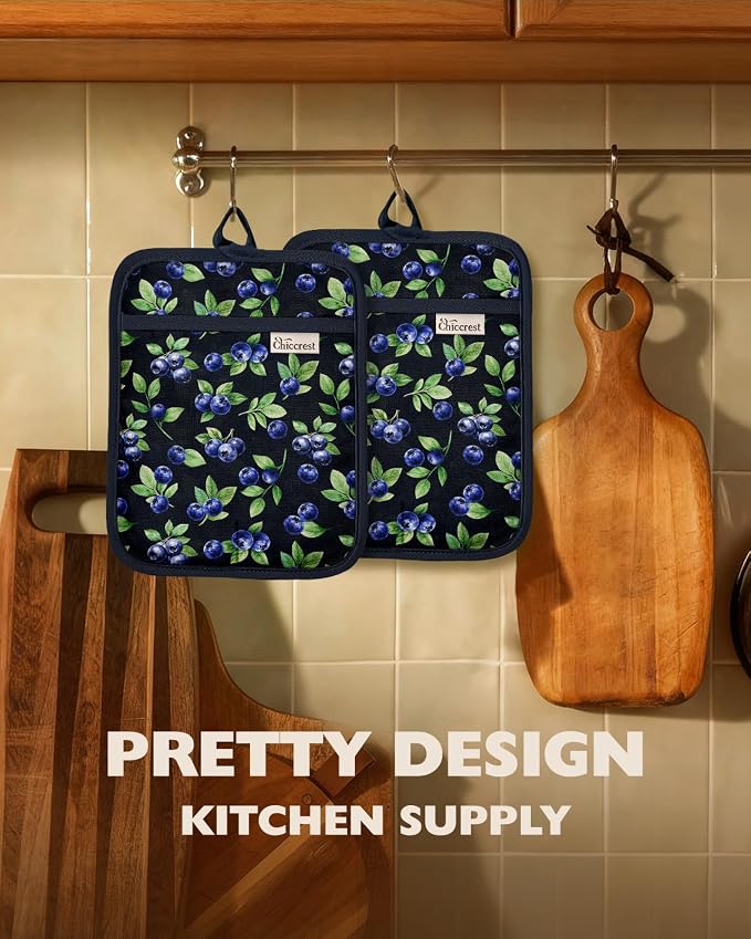 100% Cotton Pot Holders Textured Soft Silicone Blueberry | Stylish Pot Holders 2pcs, Machine Washable Non-Slip Heat Resistant Hot Pads & Oven Mitts 2-in-1, Practical Kitchen Decor