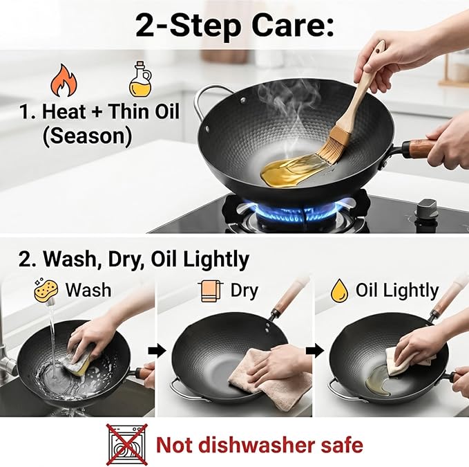 WANGYUANJI Flat Bottom Wok Pan, 12.6 Inch Carbon Steel Stir Fry Pan with Lid, Uncoated Heavy Duty Iron Woks for Cooking, Compatible with Induction Gas Electric Stovetops, Deep Frying Skillet Cookware