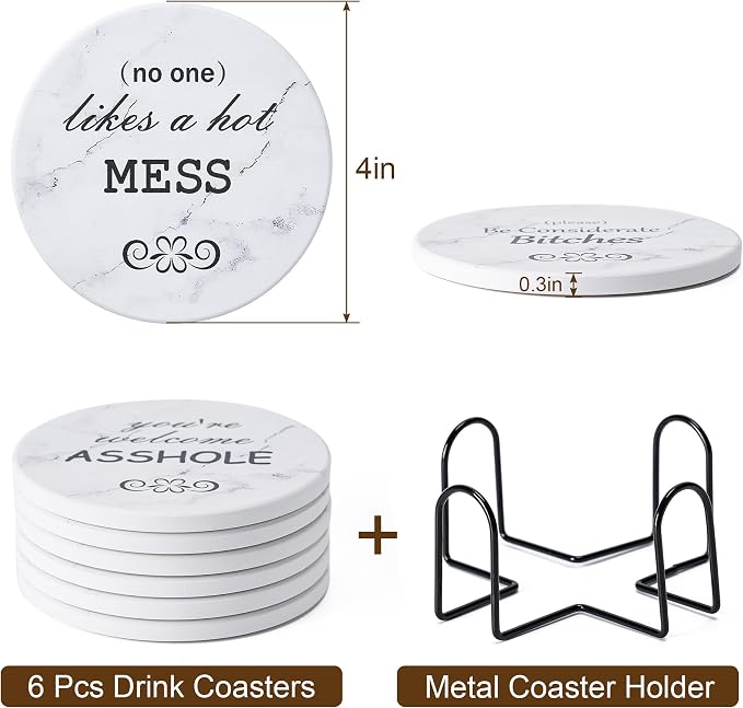 6Pcs Absorbent Coasters Set with Holder,Ceramic Drink Coaster,4 in（A10） | Marble Style Ceramic Drink Coaster,Suitable for Kinds of Cups,Modern Style Coaster for Coffee Table