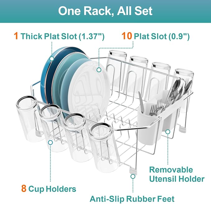 Small in Sink Dish Drying Rack - Stainless Steel for RV Kitchen | Compact Design, Rust-Resistant, Angled Corners Fit Square & Round Sinks, Removable Utensil Holder, Cup Hooks, 13.1"W x 14.4"L