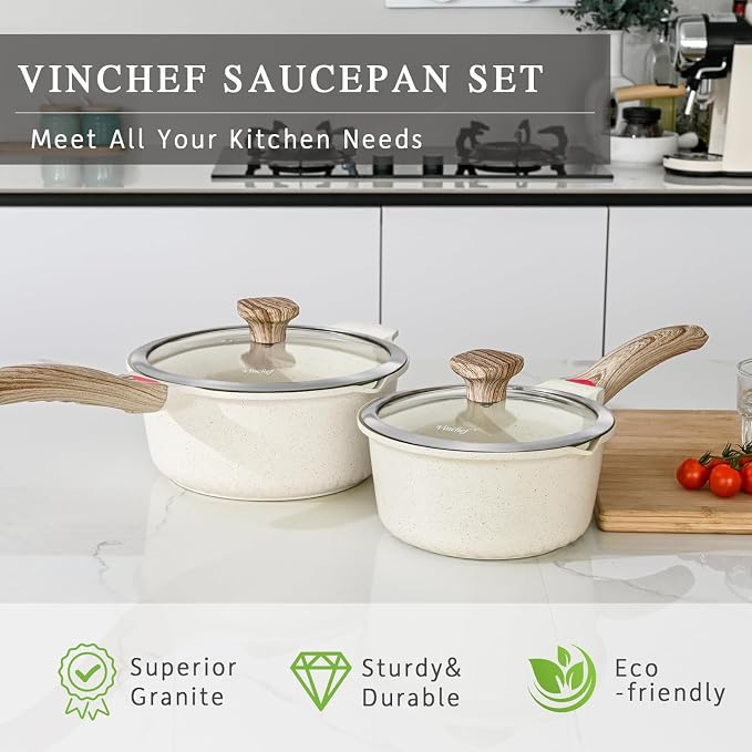 Vinchef 10PCS Sauce Pan Set with Lids, Nonstick, 2/3/4QT, White | Complete set with silicone utensils&protectors, PFAS/PFOA-free coating, dishwasher-safe, induction-ready, cool-grip handles