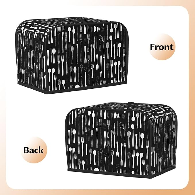 2 Slice Toaster Cover Fork Spoon Pattern Black Dust Proof Washable Kitchen Appliance Cover with Pocket, Oxford Fabric Countertop Toaster Protector for Standard Toasters Small Appliances