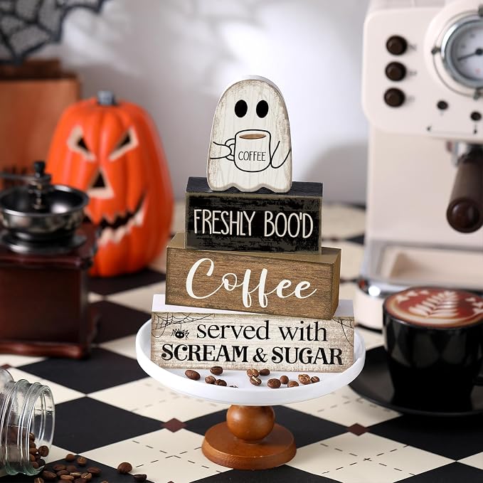 Lineshading 4 Pcs Halloween Coffee Table Decor Wooden Ghost Coffee Bar Sign | Stackable Blocks Bar Farmhouse Rustic Ghost Tiered Tray Decor Festive Boo Wooden Signs Home Office Kitchen Shelf