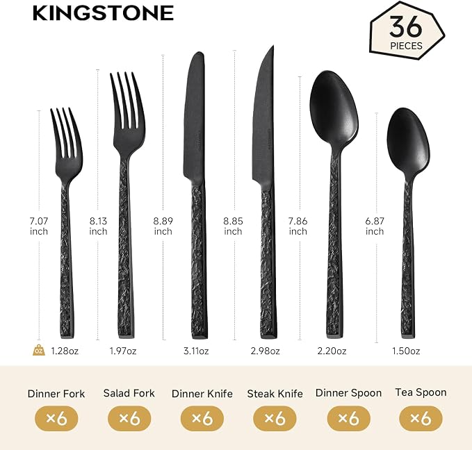 36 Pcs Black Hammered Silverware Set with Steak Knives for 6, 18/10 Stainless Steel Heavy Duty Flatware Set, Tableware Cutlery Utensil Sets for Home Restaurant Dishwasher Safe