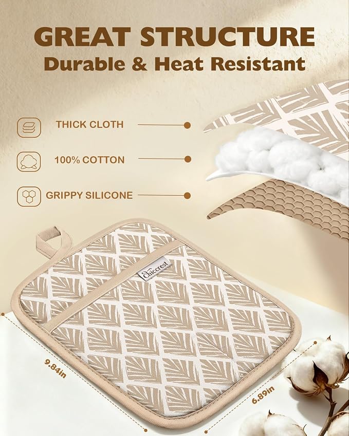 100% Cotton Pot Holders Textured Silicone Beige Gingham | Stylish Pot Holders 2pcs, Machine Washable Non-Slip Heat Resistant Hot Pads & Oven Mitts 2-in-1, Practical Kitchen Decor