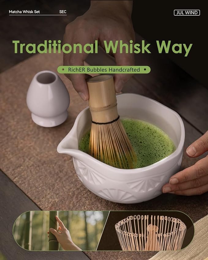 Matcha Whisk Set, Ceramic Matcha Set Includes Matcha Bowl and Matcha Whisk | Holder, Spout, Bamboo Scoop, Sifter and Tea Towel - 6 Pcs Matcha Kit Gift for Matcha Lovers Beginners