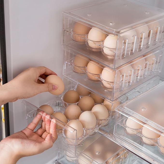 Egg Holder for Refrigerator Drawer Type Egg Container for Refrigerator BPA Free Fridge Organizer-12 Egg Storage,Stackable