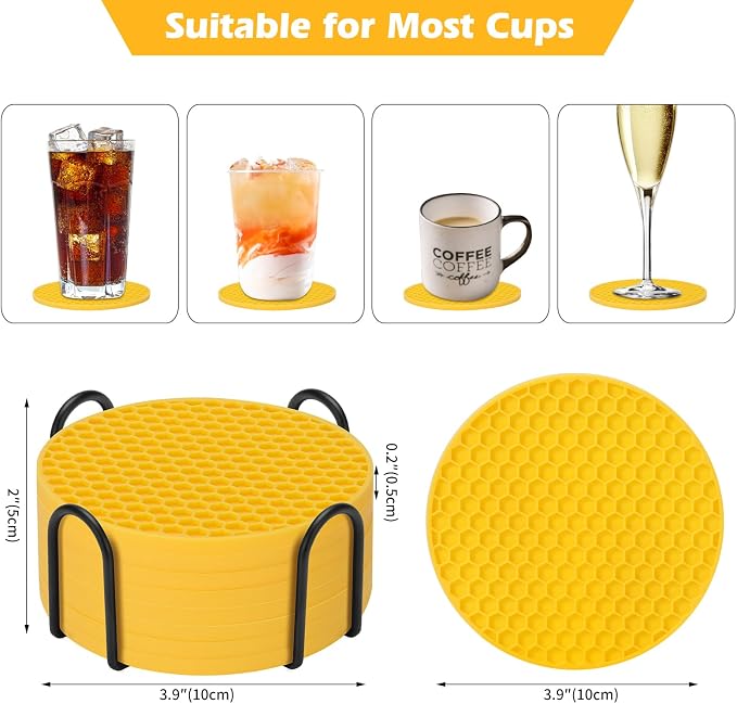 TWTLi Silicone Coasters Set of 8 with Holder — Non-Slip Drink Coasters for Coffee Table, Home Bar & Kitchen, Protects Wood & Marble Surfaces from Water Rings, Dishwasher Safe (Yellow)
