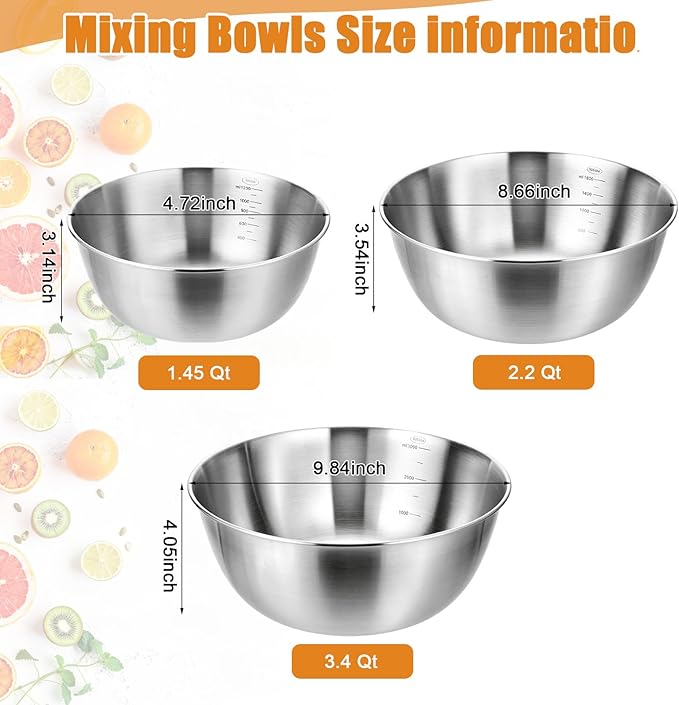 TINSKY 3 Pcs Stainless Steel Mixing Bowls Set Food Grade 304 Metal Nesting Prep Bowls for Kitchen Cooking Baking Salad, Dishwasher Safe (1.5, 2.2, 3.4 Qt)