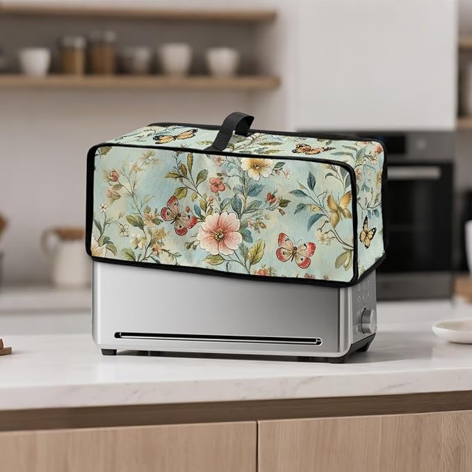 ZDCUSTOM Floral Butterfly Toaster Covers 2 Slice Wide Slot Fresh Toaster Dust Cover Long Washable Bread Maker Dust Fingerprint Protection, Kitchen Appliance Protector