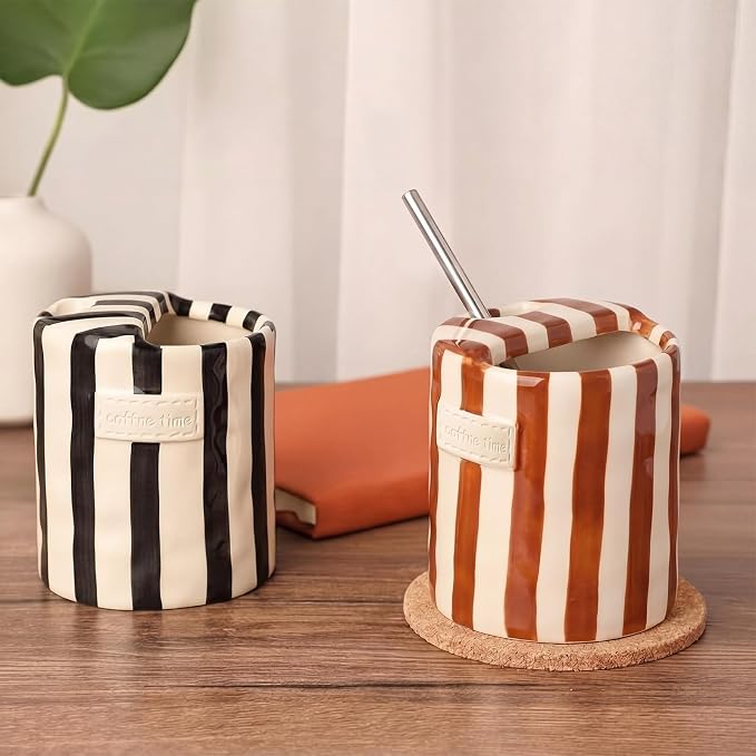 2 Pack Ceramic Mug with Sip Hole, Simple, Brown, Black | 10oz Ceramic Coffee Cup with Straws, Retro Hand Painted Striped, for Iced Coffee Tea Latte Espresso, Kitchen Dining Travel