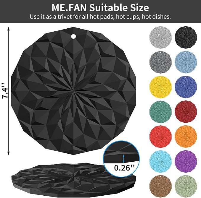 ME.FAN Silicone Trivet Mats - 4 Pack Pot Holders - 7.4'' Thickened Hot Pads for Hot pots, Pans and Dishes, Heat Resistant Silicone Trivet for Table and Counter Top Coffee