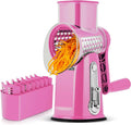 SUSTEAS Rotary Cheese Grater 5 Blades,Kitchen Mandoline Vegetable Slicer | Easy to Clean, Strong Suction Base, Blades Storage Box, Round Mandoline Slicer & Food Chopper for Cheese,Salad,Nut, Pink