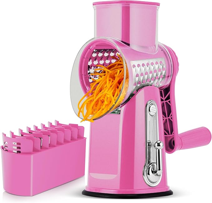 SUSTEAS Rotary Cheese Grater 5 Blades,Kitchen Mandoline Vegetable Slicer | Easy to Clean, Strong Suction Base, Blades Storage Box, Round Mandoline Slicer & Food Chopper for Cheese,Salad,Nut, Pink