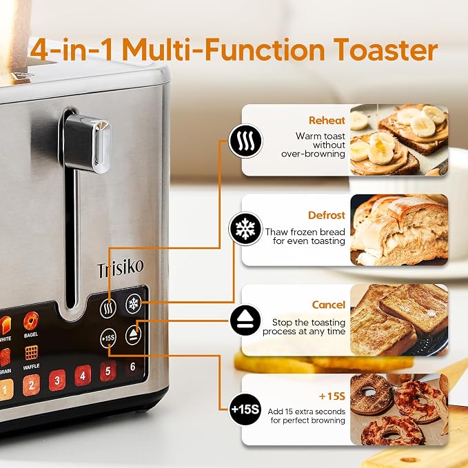 Trisiko® Touch Screen Toaster 2 Slice, 900W Digital Toaster with Countdown Timer, 1.38 in Wide Slots, 6 Browning Levels, Bagel, Defrost, Reheat, Cancel, Crumb Tray, Cord Wrap-Stainless Steel
