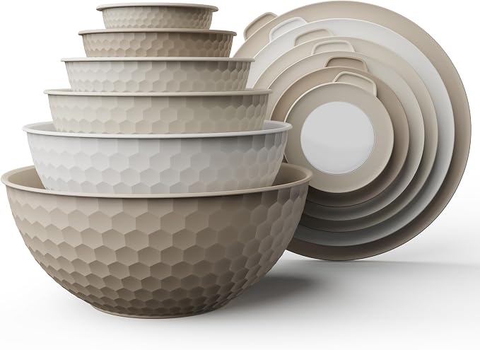 COOK WITH COLOR Mixing Bowls with Lids - 12 Piece Plastic Nesting Bowls Set includes 6 Prep Bowls and 6 Lids, Microwave Safe Mixing Bowl Set, Brown Embossed