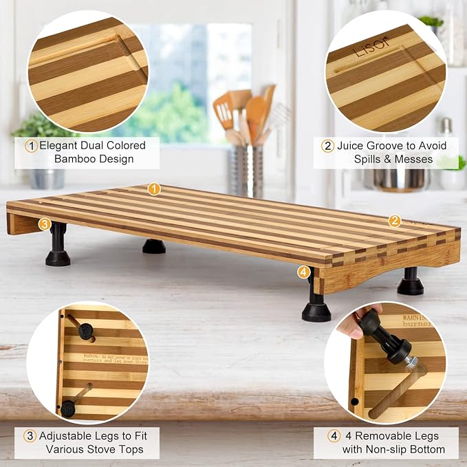 Bamboo Stovetop Cover&Countertop Cutting Board with Adjustable Legs, 21.14 x 11.42 inches Dual-purpose Chopping Board for Electric Stove Burner, Workspace Block Cover for RV Camping Camper Gas