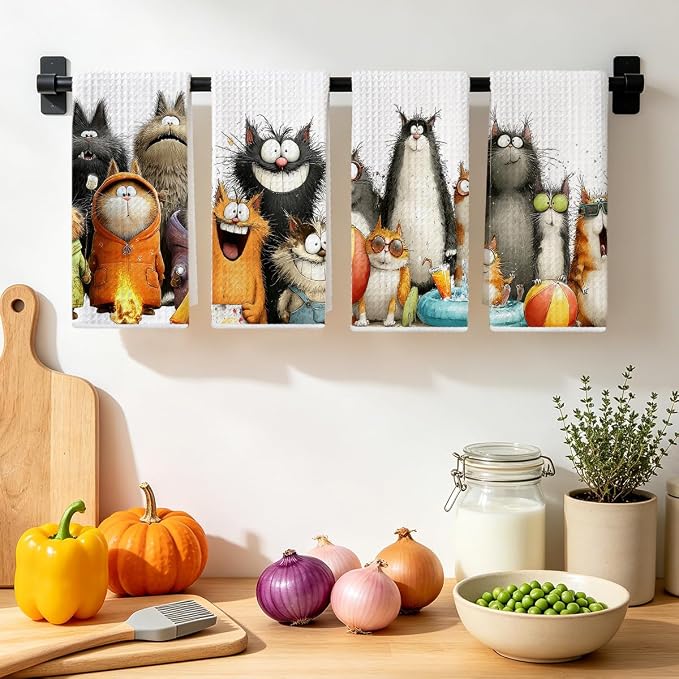 4 Pcs Cute Cat Kitchen Towels, Funny Cats Gifts Absorbent Hand Towels-06 | Cat Dish Cloths for Drying Dishes, Cats Waffle Dish Towels for Kitchen Home Bathroom Decor, Cat Lover Gifts for Women Mom