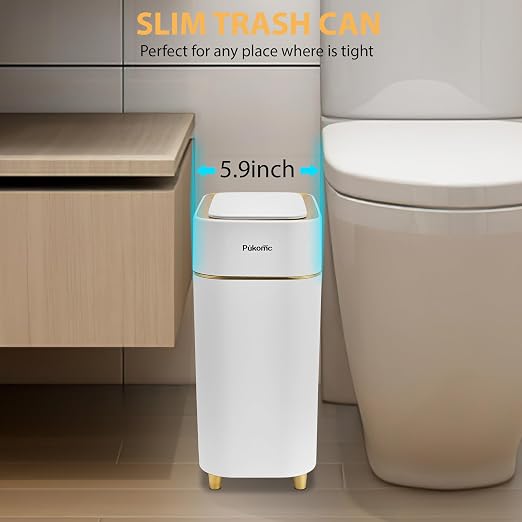 Pukomc Automatic Small Sensor Trash Can with Touchless Lid | 2.3 Gallon / 9L Smart Garbage Can, Quiet Close White Gold Waste Bin - Perfect for Kitchen, Living Room & Small Spaces