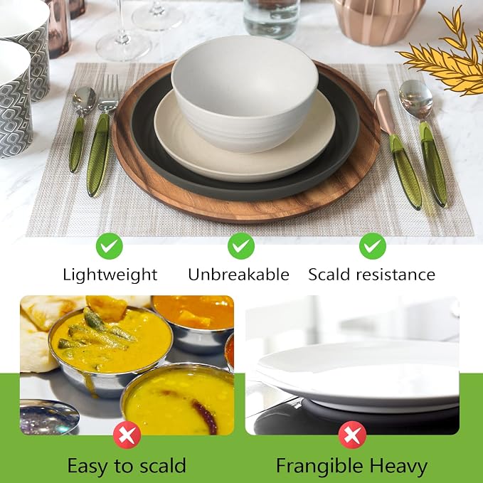 Teivio 32-Piece Plates and Bowls Sets for 8, Stone Kitchen Dinnerware Sets | 13.5oz Cups, Plastic Wheat Straw Unbreakable Dish Set, Dishwasher, for Outdoor Camping RV Apartment Essentials, Plate Set