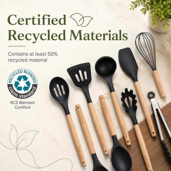 Silicone 10 Pcs Kitchen Cooking Utensils Set, Recycled Materials Certification, BPA Free Spatula Set with Heat Resistant Wood Handles for Nonstick Cookware, Black
