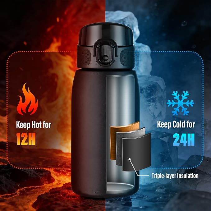 Insulated Water Bottle 12 oz with Dustproof Lid, Carry Handle & Tea Infuser, BPA-Free & Leakproof, Stainless Steel Water Bottles Ideal for Fitness, Hiking, Office & Outdoor Use （Black ）