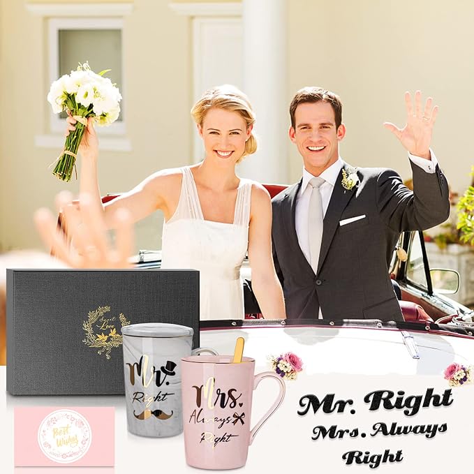 Wedding Gifts for Couples 2026, 14oz Ceramic Mr and Mrs Mug Gifts Set of 2 | Bridal Shower Engagement Anniversary Bride to be Gifts for His and Hers 2026 with Spoon Greeting Card, Luxury Gift Box