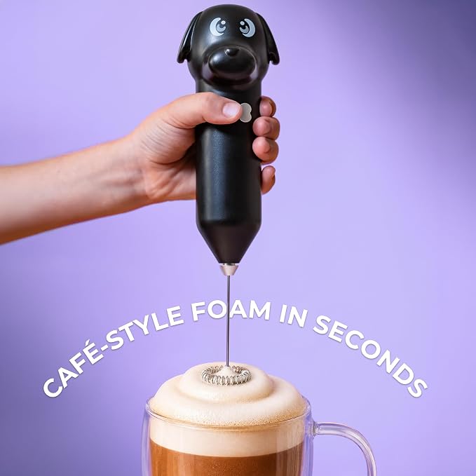 Zulay Kitchen Dog Milk Frother Wand – Cutesy Frother, Meet Your New Frothing Buddy Ace The Dog, Adoption Papers and Stickers Included, Paw-fectly for Lattes, Cappuccino & Matcha – Black
