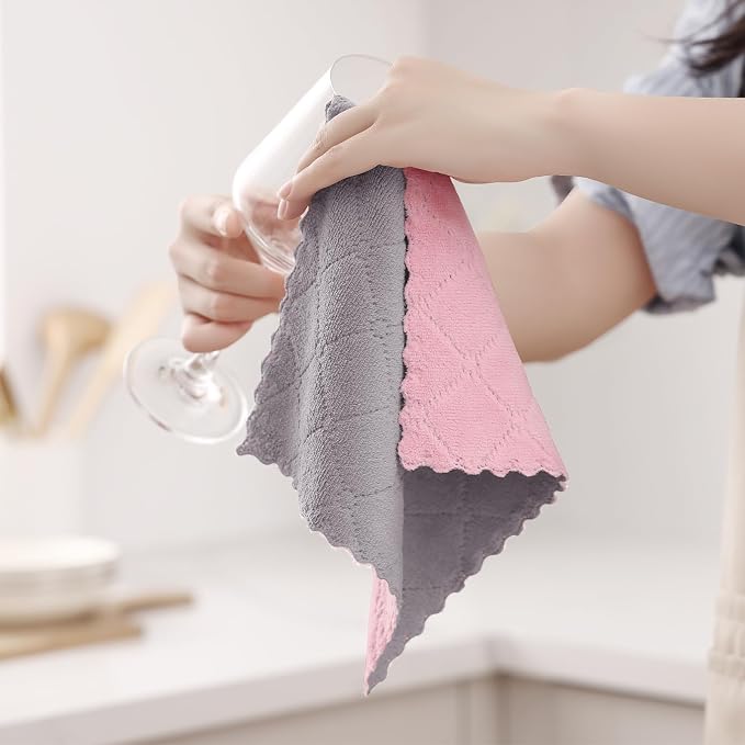 Homaxy 12 Pack Super Soft Dish Cloths, 10" x 10", Grey & Pink | Coral Velvet, Nonstick Oil Fast Drying Microfiber Cleaning Cloth, No Lint Household Dishcloths