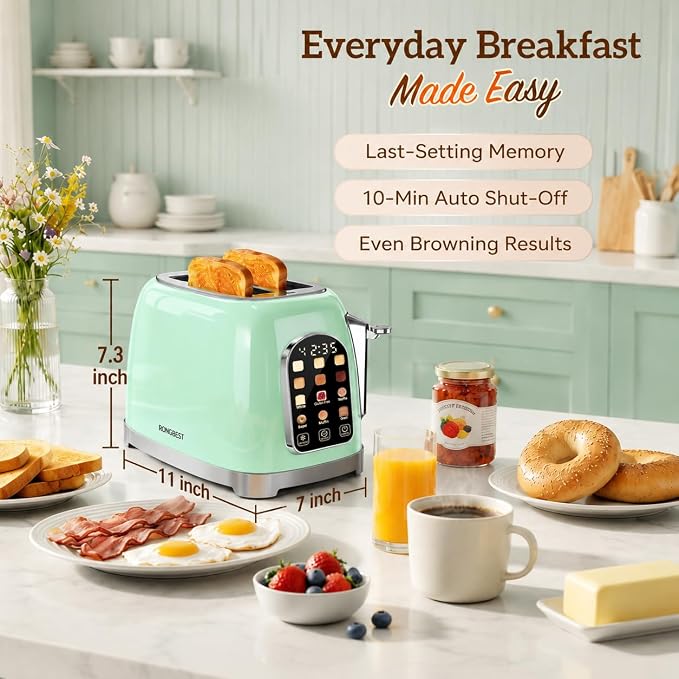 RONGBEST Retro Touch Screen Toaster 2 Slice Wide Slot Stainless Steel with 6 Browning Levels for Breakfast Bagel & Bread, Reheat & Defrost, Removable Crumb Tray, Mint Green