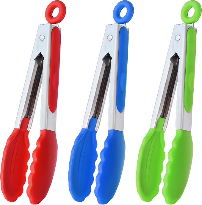 HINMAY Mini Tongs with Silicone Tips 7-Inch Serving Tongs, Set of 3 (Red Blue Green)