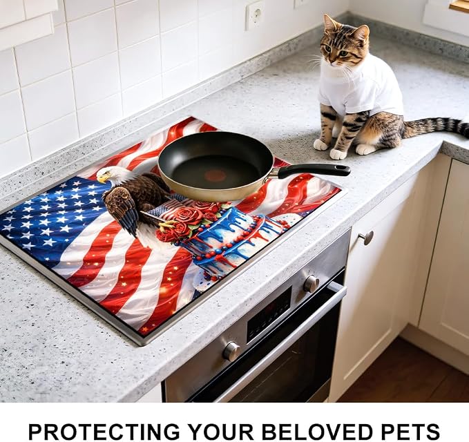 4th of July Bald Eagle American Flag Stove Top Cover 28.4x20.5in | Bald eagle american flag stove top cover 28.4x20.5 in; patriotic 4th of july cooktop mat dishwasher safe machine washable
