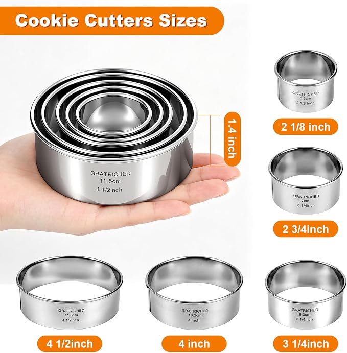 5 Pcs Stainless steel Cookie Cutters Set, Graduated Round Biscuit Cutter Used for Making Sandwich, Cake, Fried Egg, Doughnut, Dumpling Wrapper - Professional Baking Dough Tools