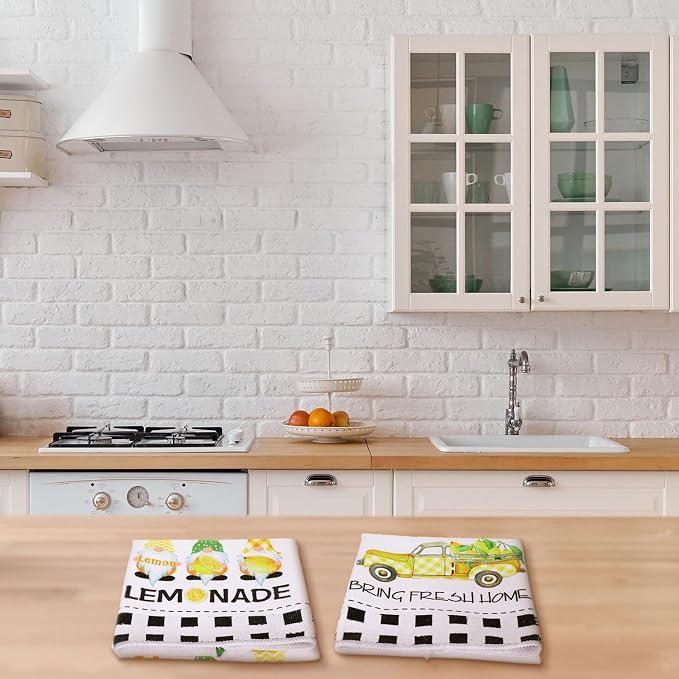 4 Pcs Lemon Kitchen Towels, Absorbent Quick Dry Tea Towels Gifts | Lemonade Gnome Black White Striped Decorative Dishcloths with Hanging Loop, Farmhouse Summer Kitchen Decor Housewarming Gift