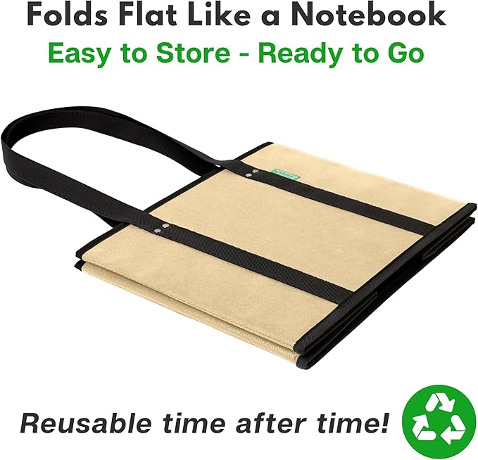 Reusable Grocery Bags (3 Pack) – Heavy Duty Reusable Shopping Bags for Groceries with Box Shape to Stand Up, Stay Open, Fold Flat – Large Tote-Bag is Foldable with Long Handles & Hard Bottom (Beige)