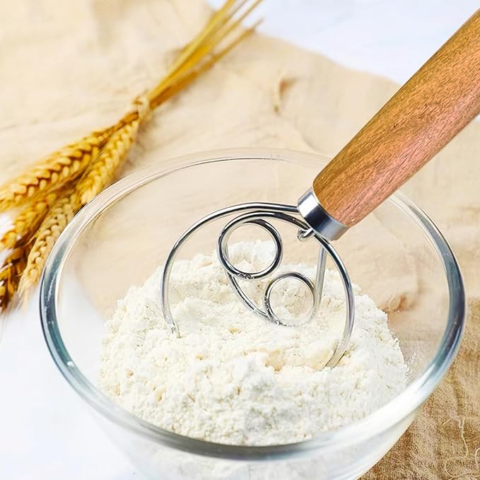 Danish Dough Whisk - Dough Bread Whisk, Sourdough Bread Baking Supplies for Cake Bread Pizza Pastry Biscuits, Wooden Hand Stainless Steel Ring Sourdough Baking Dough Mixer(Acacia Wood)
