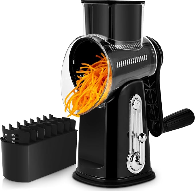 SUSTEAS Rotary Cheese Grater 5 Blades,Kitchen Mandoline Vegetable Slicer | Black, Easy to Clean, Strong Suction Base, 5 Blades Storage Box, Round Mandoline Slicer & Food Chopper for Salad