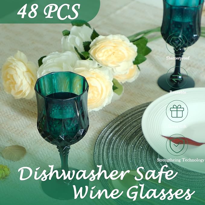48Pack Plastic Wine Glasses, 7oz Vintage Goblets for Wedding | Unbreakable Crystal Style Reusable Stemware, Elegant Dark Green Drinking Glass for Party Anniversary & Holiday Celebration