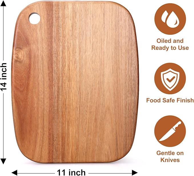 Large Acacia Wood Cutting Boards for Kitchen with Hanging | Big Wooden Cutting Board for Vegetables, Bread, Steak, Meat, Cheese, Charcuterie - BPA Free, 14" x 11"