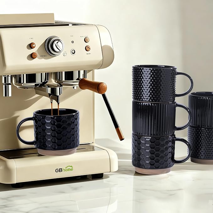 GBhome 12 OZ Stackable Coffee Mugs Set of 6, Ceramic Black Coffee Cups Set | 3 Assorted Designs, Embossed Mugs with Texture Patterns for Tea/Latte/Cappuccino, Dishwasher&Microwave Safe